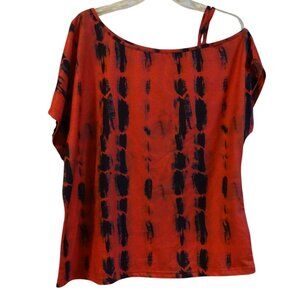 Shein Womens Red Black Abstract Print One Shoulder Top Size XL 12 Short Sleeve
